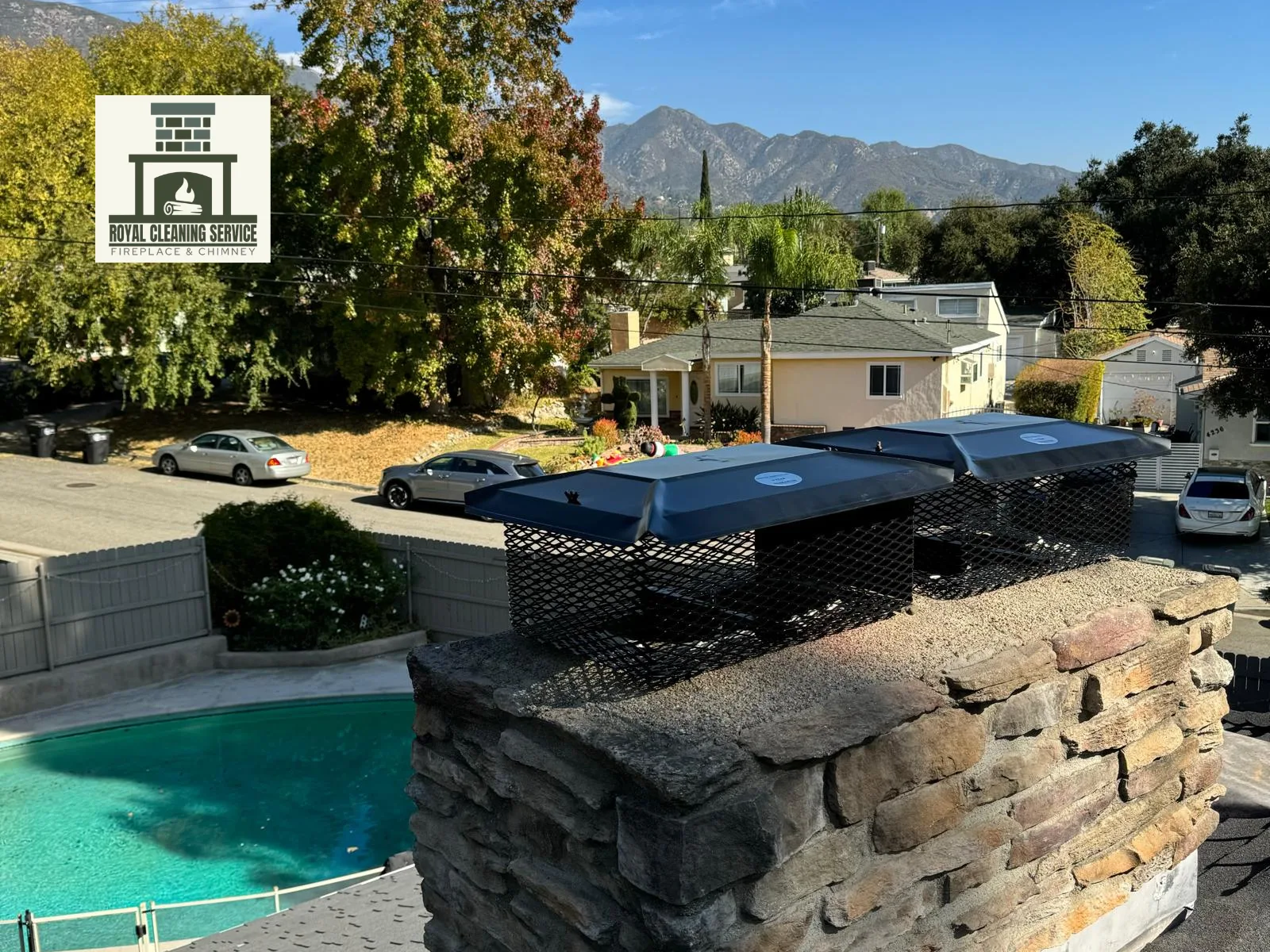 Royal Cleaning Service chimney sweep technician servicing a La Cañada Flintridge hillside home fireplace